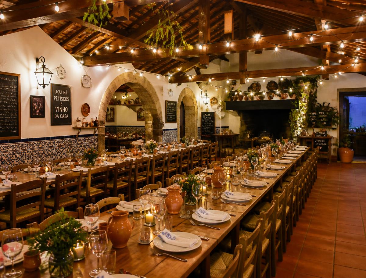 Salão rústico com mesas compridas preparadas para um jantar de grupo